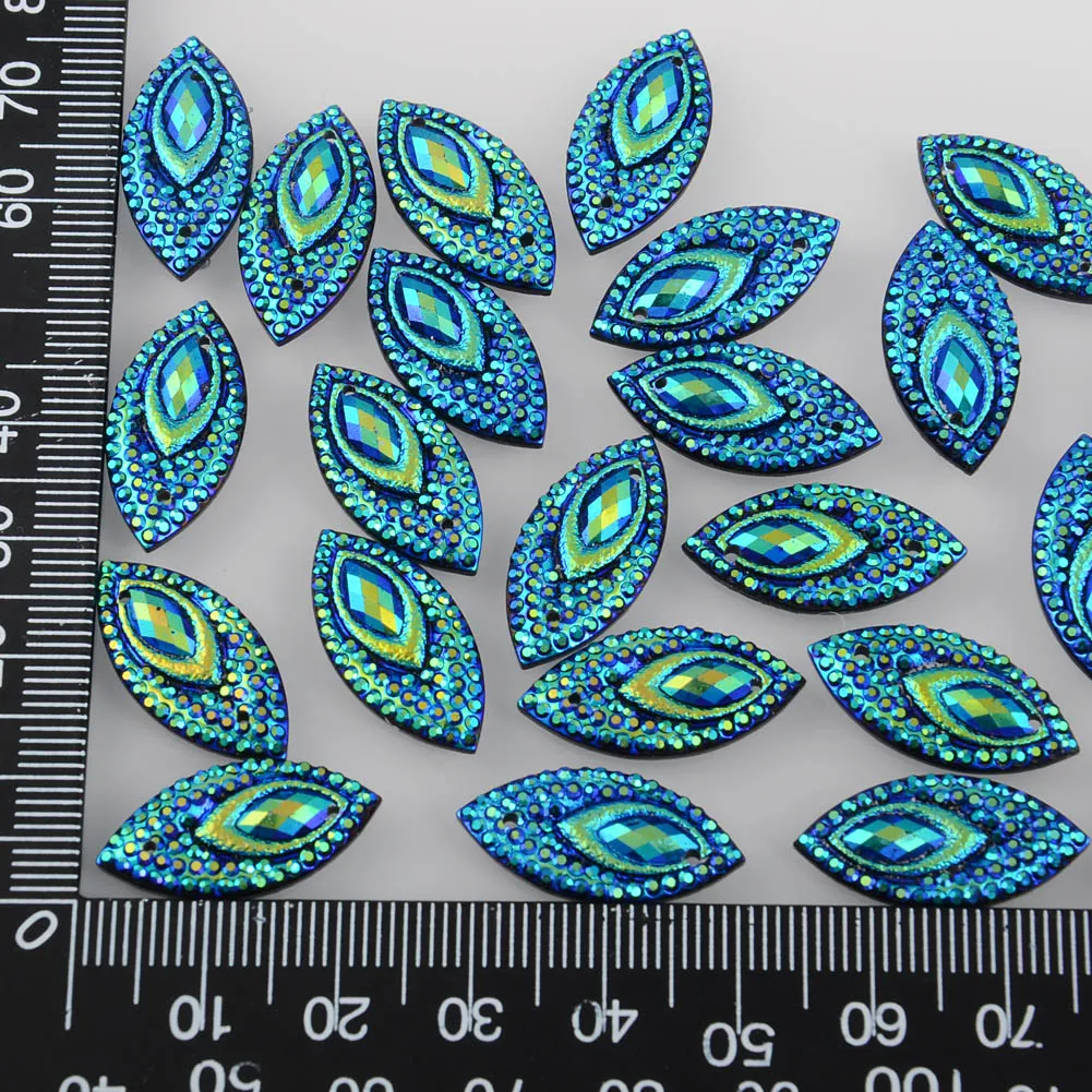 BOLIAO 20Pcs 11*22 mm(0.43*0.87 in) AB Color Horse eye Shape Blue Resin Rhinestone Flatback Sew On Clothes/Handmade Art Work