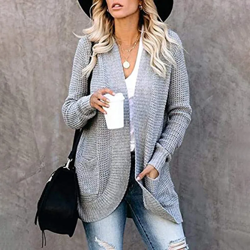 Cardigan Women Casual Knitted Open Front Korean Fashion Sweater Woman 2021 Winter Grey Pockets Long Cardigan Knitted Female Coat