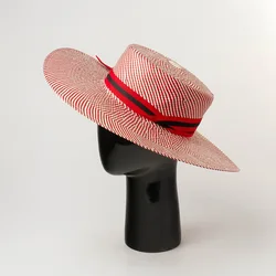 Women Woven Red White Striped Panama Straw Hat 10cm Wide Brim Summer Hat Flat Top Canotier Sun Beach Hat Kuntucky Derby Hat New