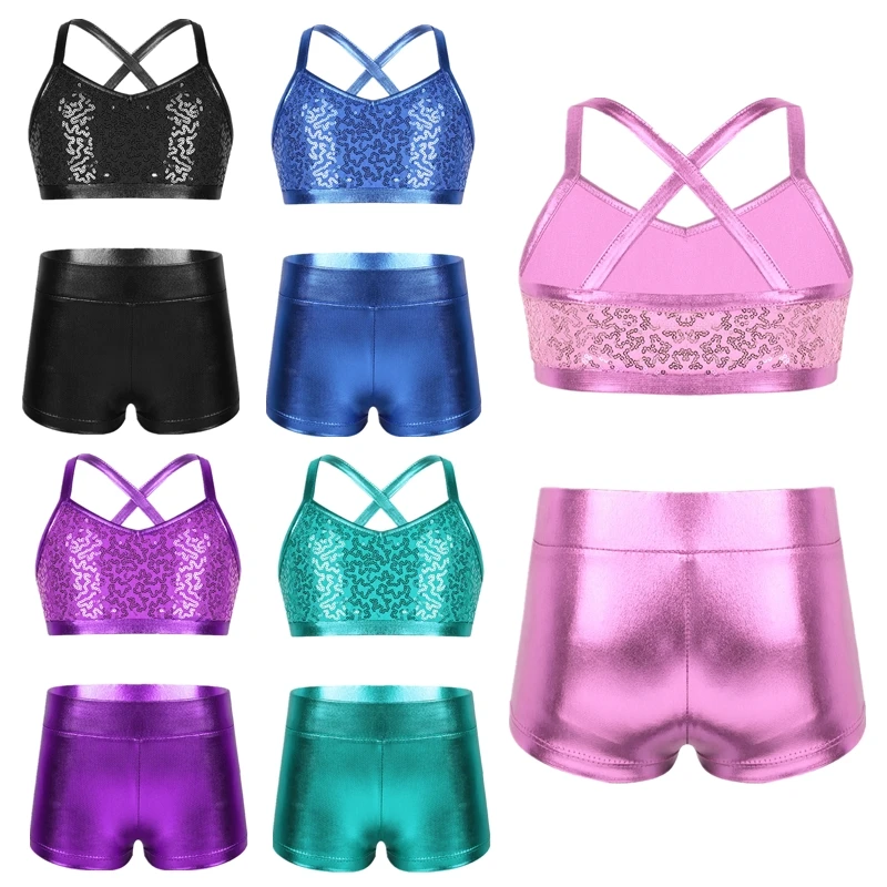 Kids Girls Ballet Dance Clothes Gymnastics Leotard Gym Sports Fitness Workout Tankini Outfit Shiny Sequins Tank Bra Tops Shorts