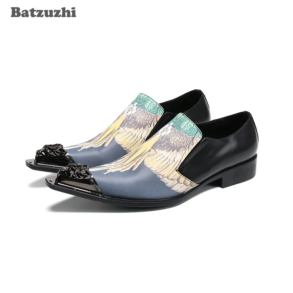 

Batzuzhi Personality Handmade Men's Shoes Pointed Toe Print Leather Dress Shoes Men Rock Punk Business, Party and Wedding Shoes