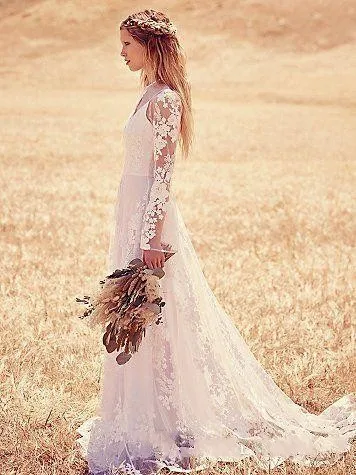 Dell'annata Del Merletto di Stile Boho Abitudine Fare Elegante Sheer Neck Hollow Torna A Manica Lunga Abito Da Sposa 2018 madre della Sposa abiti