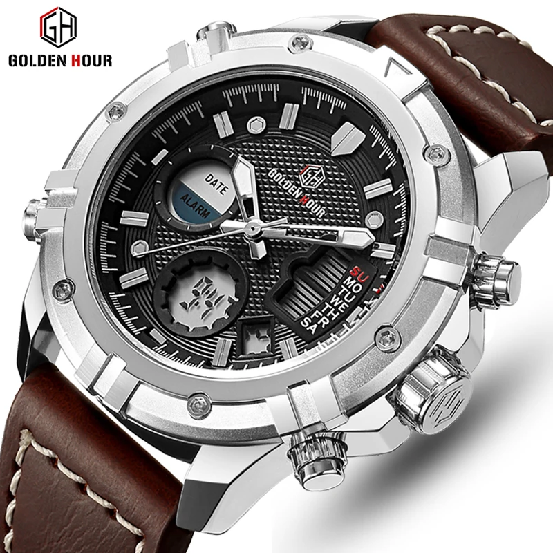 GOLDENHOUR Fashion Luxury Brand Men Waterproof Military Sports Watches Men's Quartz Analog Leather Wrist Watch relogio masculin