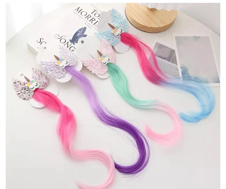 8PCS/lot NEW Children's Princess shinning Unicorn bow hairpin gradient color braids wig headdress baby girl color wig piece