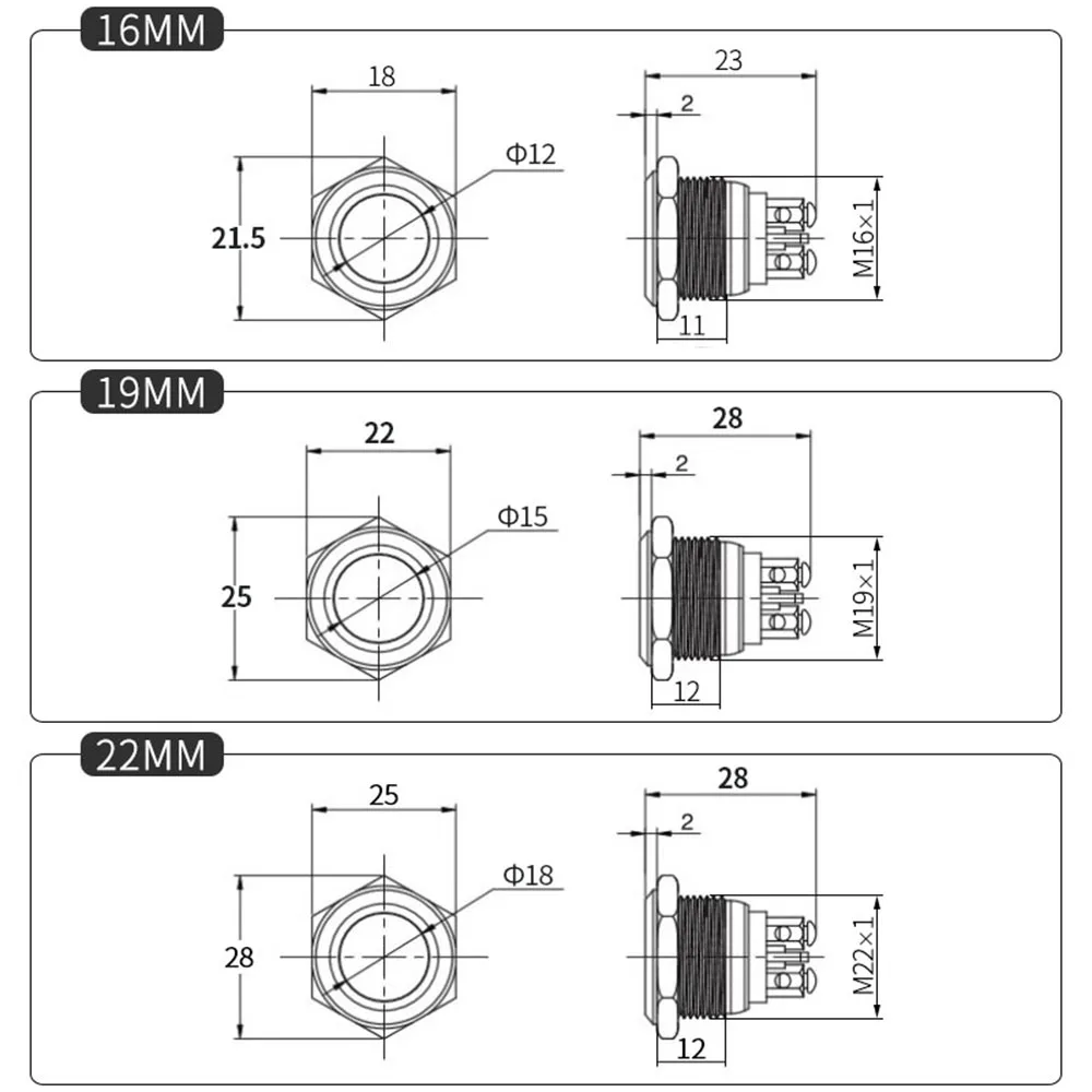 Momentary Push Button Switch Oxidation Metal Self Reset 16mm/19mm/22mm Red Blue Black Green Yellow Color 1NO Screw Pin Terminal