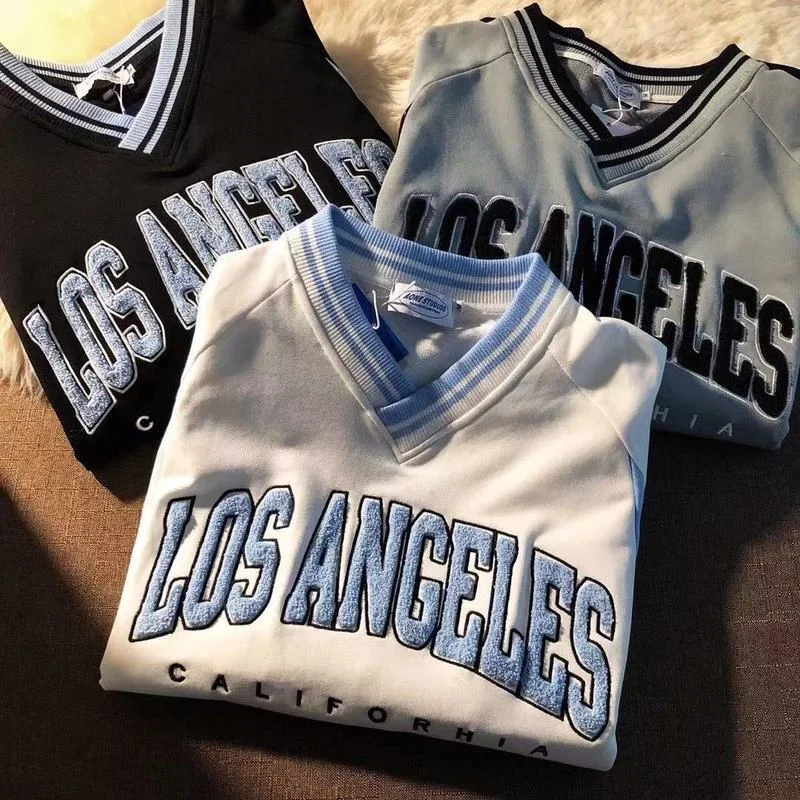 Los Angeles ricamo marca americana scollo a V felpa oversize uomo donna manica lunga Street Casual Top Baseball Sport primavera