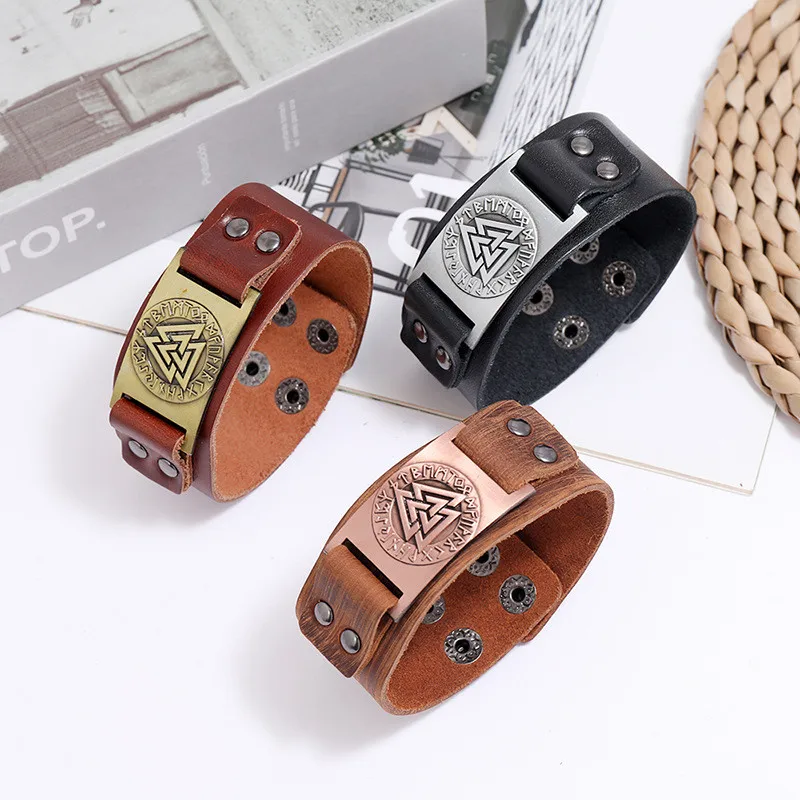 Charms Viking Valknut 24 Nordic Runes Wide Leather Bracelet Amulet Adjustable Vintage Slavic Norway Men Jewelry Wristband Bangle