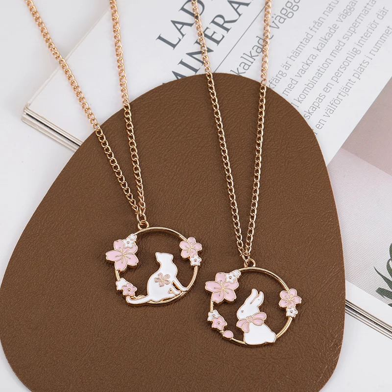 Kpop dos desenhos animados colar bonito rosa gato coelho flor pingente colares para mulheres meninas crianças jóias moda presente