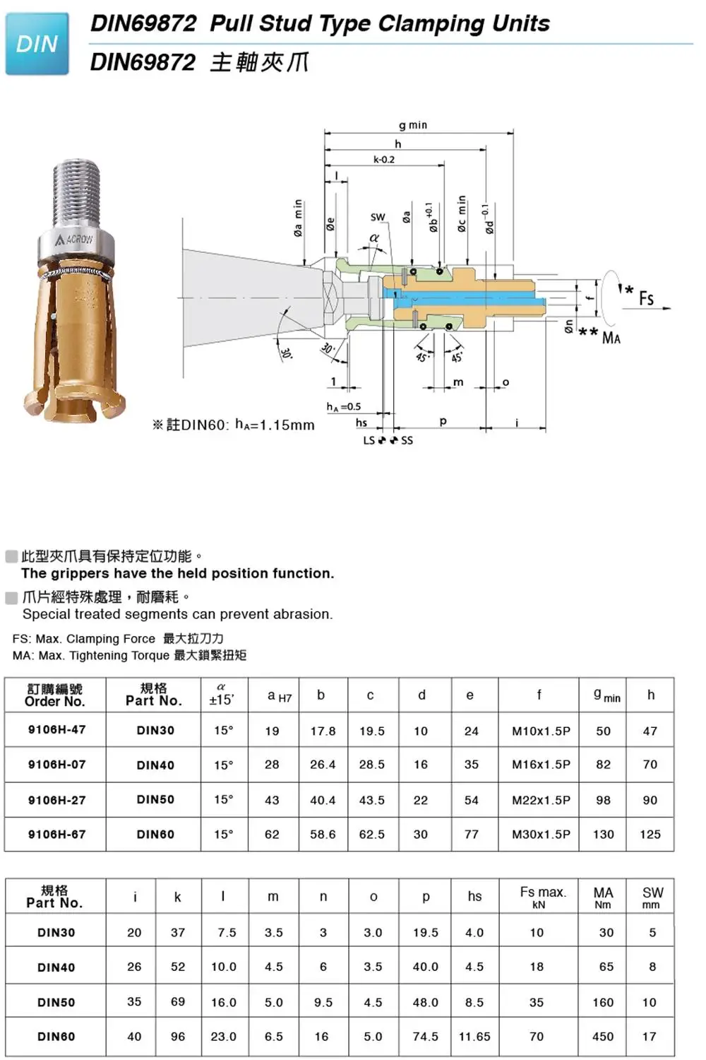 Imagem -04 - Taiwan Original Acrow Rosca Externa Cat Din30 40 50 Garra de Tração de Alta Velocidade 9106h07 Din40 9106h-04 Cat40 9106h44 Cat30