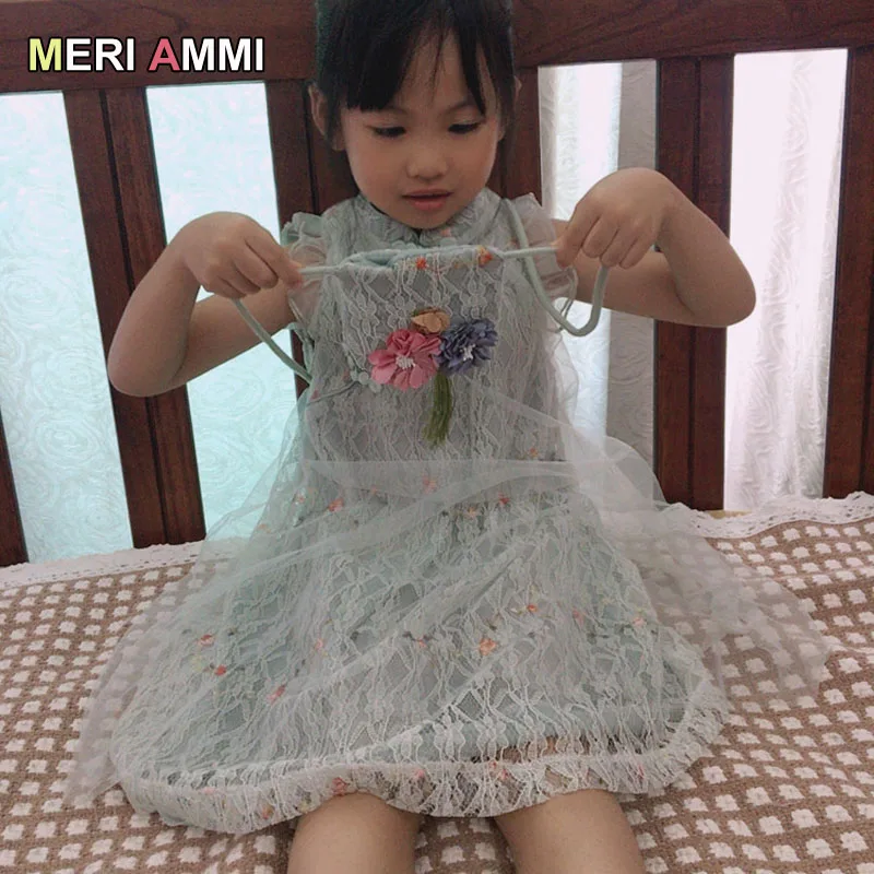 MERI AMMI Free Bag Gift Chidlren Girl Dressing Girls Floral Embroidery Bow knot Chinese Hanfu Tang Suit Dress