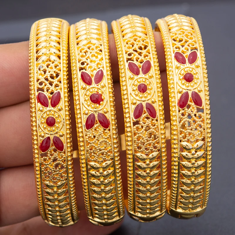 4pcs/Set Dubai Red Gold Color Bracelet Bangles For Women Wife wedding Two-color Bangles France Africa India Handmade Jewelry