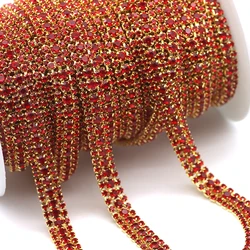1 yard 3 Rows Crystal red AB Rhinestone Cup Chain Gold Base Sew on Rhinestone Trim for DIY Wedding Dress Bags cloth Decoration