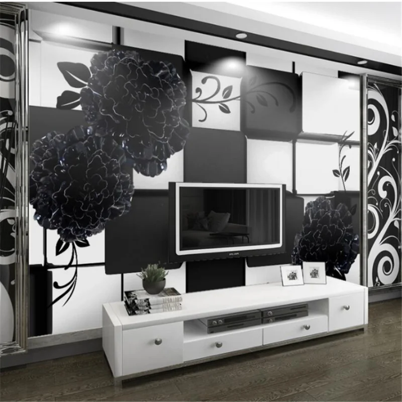 

wellyu Black and white 3D stereo relief flowers TV backdrop custom large fresco green wallpaper papel de parede para quarto