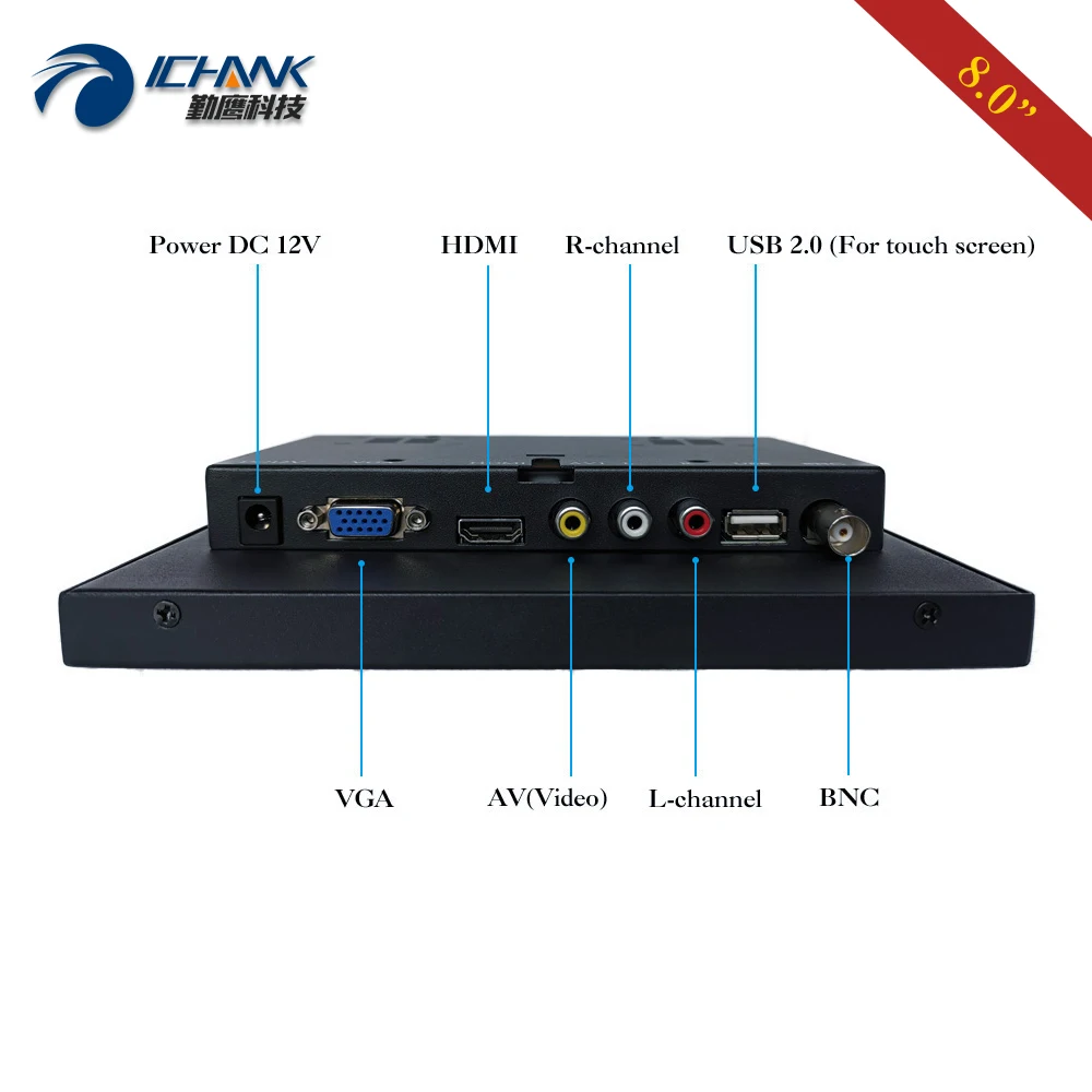 ZB080TC-262D/8 "بوصة قاعدة شاشة سطح المكتب 1024x768 4:3 IPS HDMI USB VGA حافظة حديد معدنية عرض شاشة تعمل باللمس بالسعة
