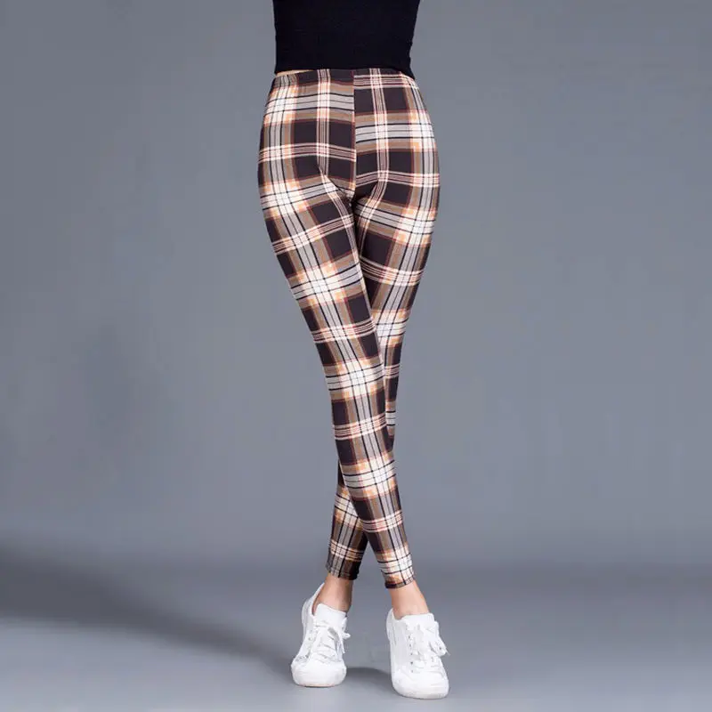 INDJXND Schwarz Weiß Plaid Frauen Leggings Fashion Plaid Druck Legging Fitness Leggins Grid Floral Streifen Hosen Hohe Taille