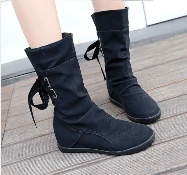 

Newest Winter Boots New Women Fashion Boots Autumn Shoes with Lace-up Mid-Calf Solid Flat Heels PU Boots Black Snow Boots