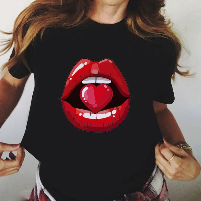 Women Red Mouth Lip Kiss Printed Girl Black Tshirt Summer Funny Leopard Graphic Tee Shirt Femme Harajuku T Shirt,Drop Ship