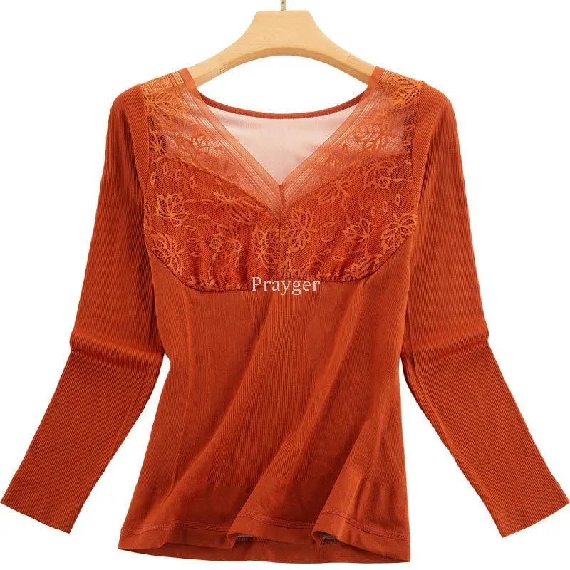 Women Fleece Thermal Underwear Lace Winter Tops Warm Slim Body Clothes Long Sleeves