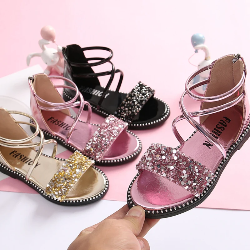 Sequin Summer Sandals for Girls Gold Birthday Party Shoes Kids Princess Shiny Zipper Sandals Flower Girls Gladiator Boho 4 years