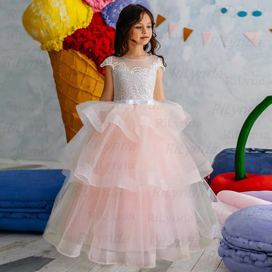 Novos vestidos da menina de flor para casamentos vestido de baile colher mangas compridas laço laço longo primeira comunhão vestidos para meninas