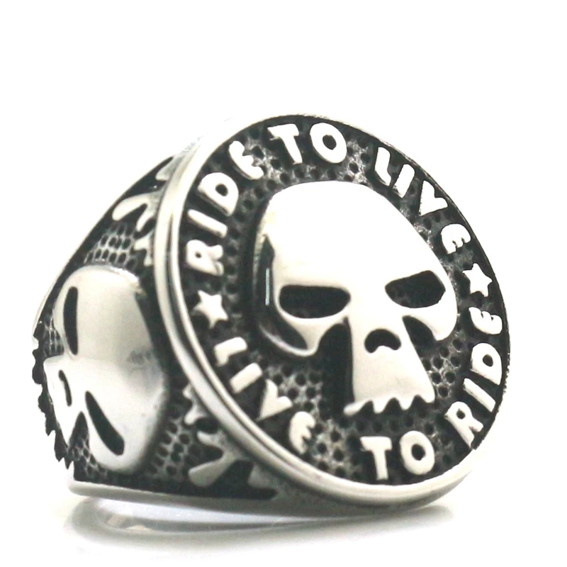 Size 7 to size 15 Unisex 316L Stainless Steel Rider to Live, Live to Ride Skull Biker Rider Ring