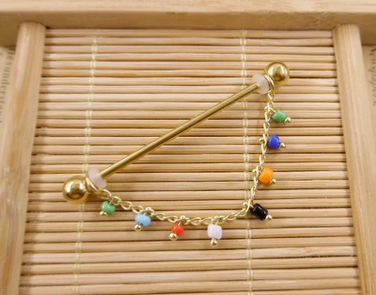 2022 Newest 8 Styles 14G Stainless Steel 14 Gauge Rainbow Moon Bead Triple Chain Dangle Industrial Barbell 38mm