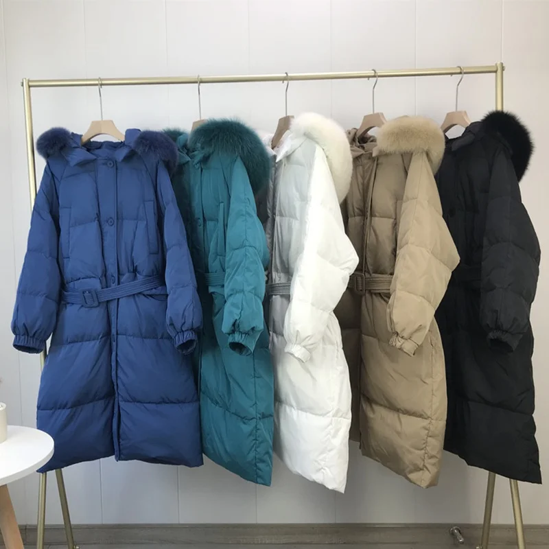 2021 Winter New White Duck Down Jacket Women Hooded Thickened Waist Overzied Fur Collar Pure Color Fashion All Match Warm Coat