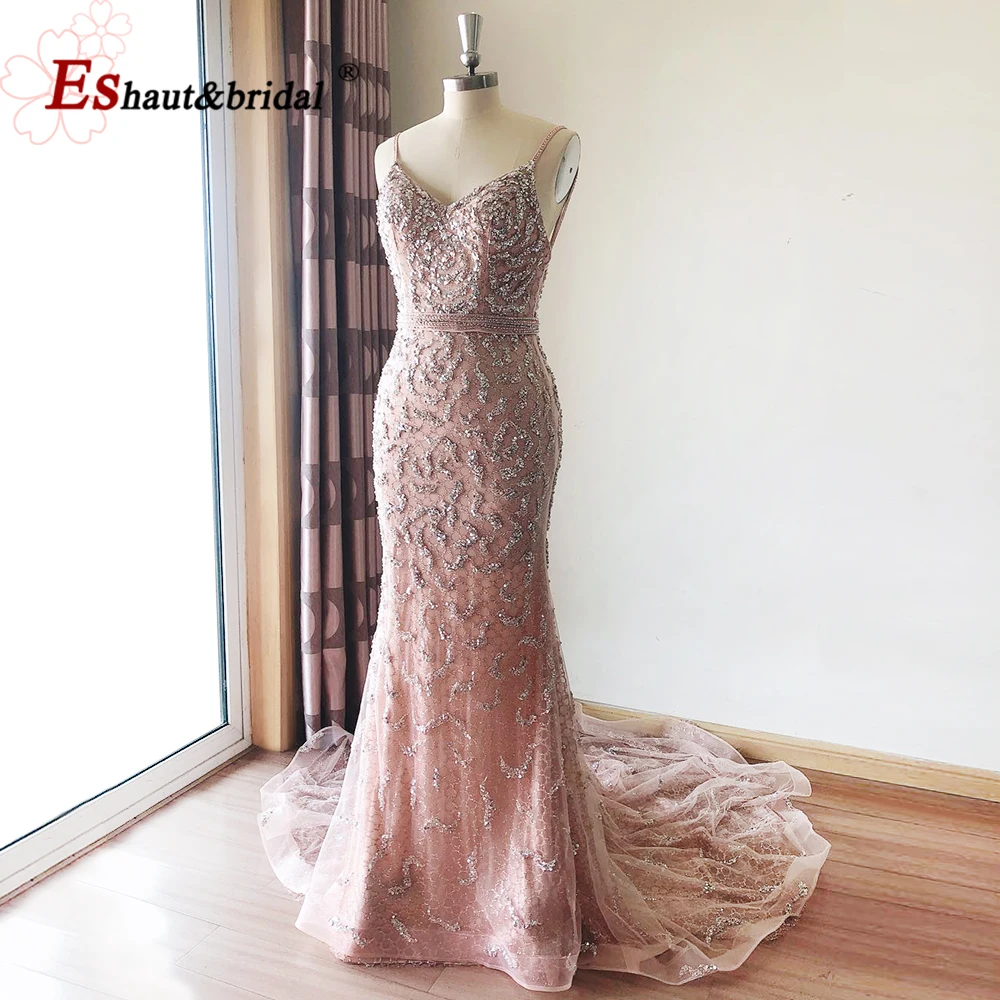 Contas de luxo vestido de noite para as mulheres 2023 espaguete cinta v pescoço longo sem mangas sereia formal do baile de formatura vestidos de festa de casamento