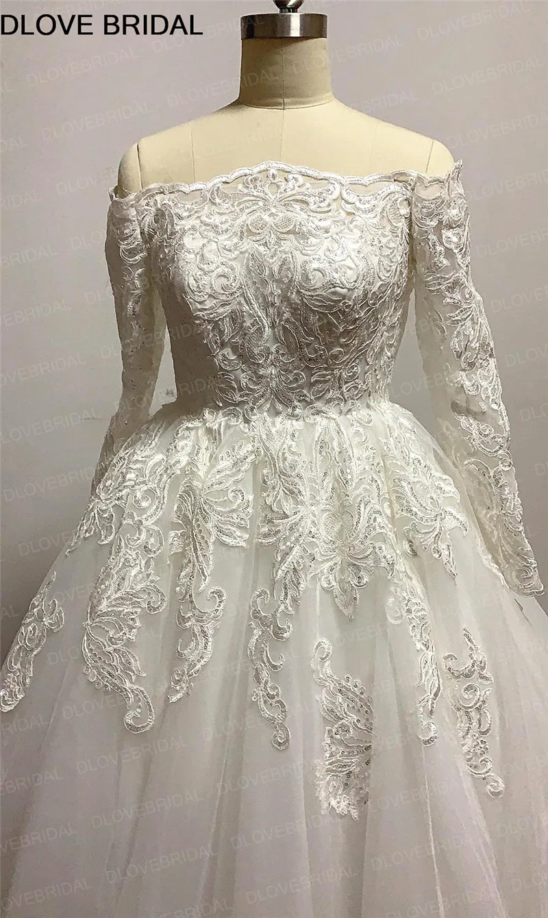 Elegante Lange Mouwen Baljurk Trouwjurk Lovertjes Kant Uit de Schouder Bruidsjurk Vestido De Noiva Hoge Kwaliteit Real foto's