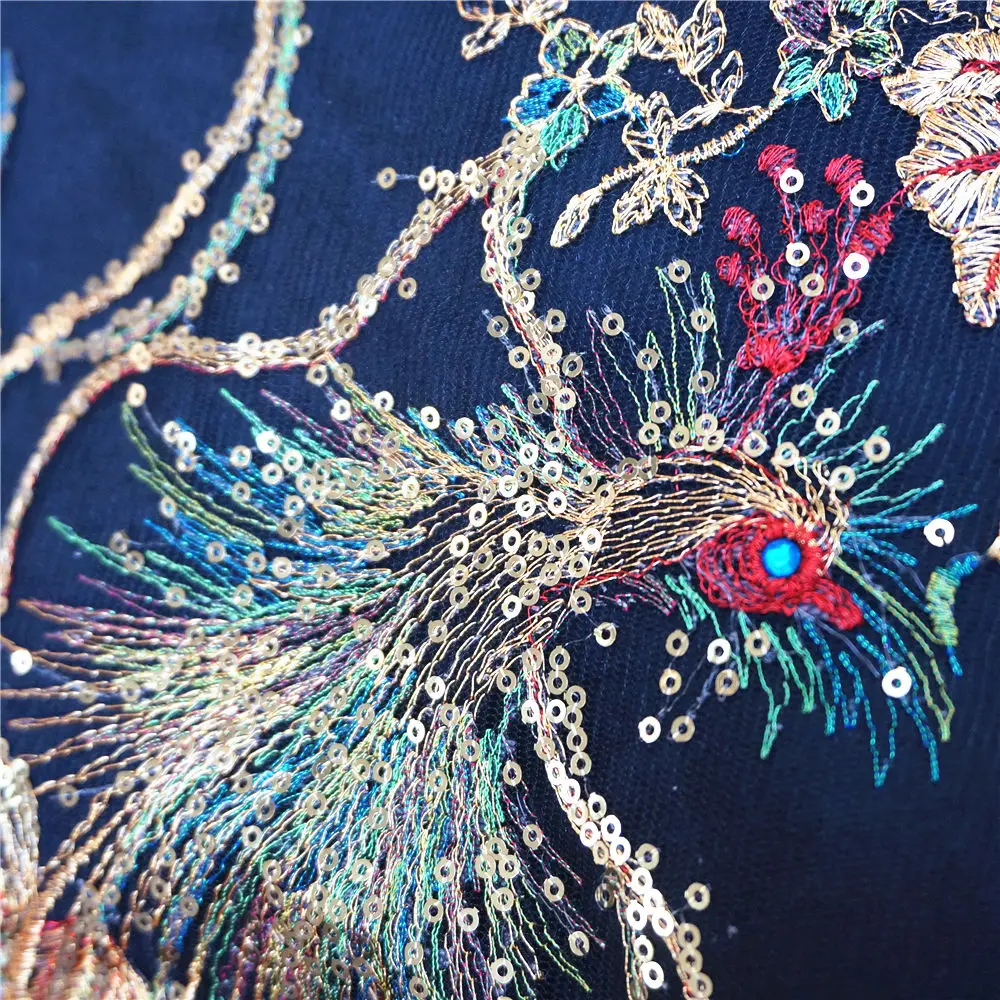 Embroidered Sequin Peacock Phoenix Black Mesh Lace Fabric Gown Appliques Collar Sew Patch For Wedding Decoration Dress DIY