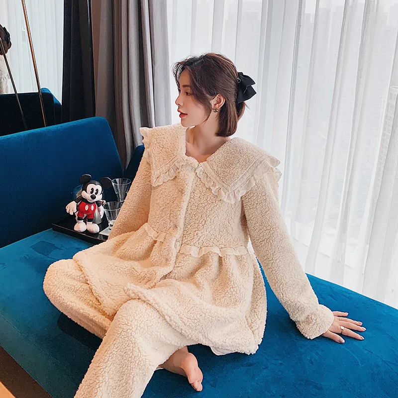 

New Autumn Winter Pijama Mujer Invierno Thick Warmth Sleepwear Loose Lively Cute Style Nightwear Female Pajamas Sets Flannel