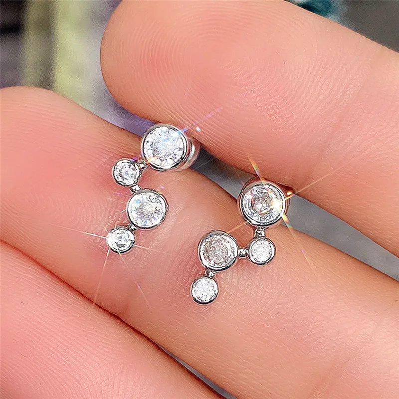 Huitan Minimalist Silver Color Stud Earrings for Women Round Cubic Zirconia Low-key Girls Ear Earrings Nice Gift Fashion Jewelry