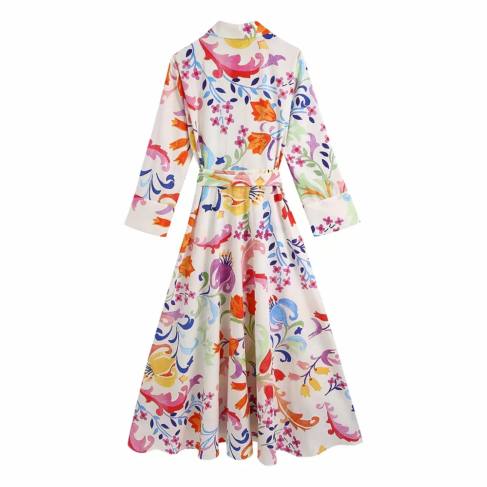 XEASY Summer Women Floral Print Bow Sashes Midi Lapel Dress Female Chic Three Quarter Sleeve Casual Slim Dresses