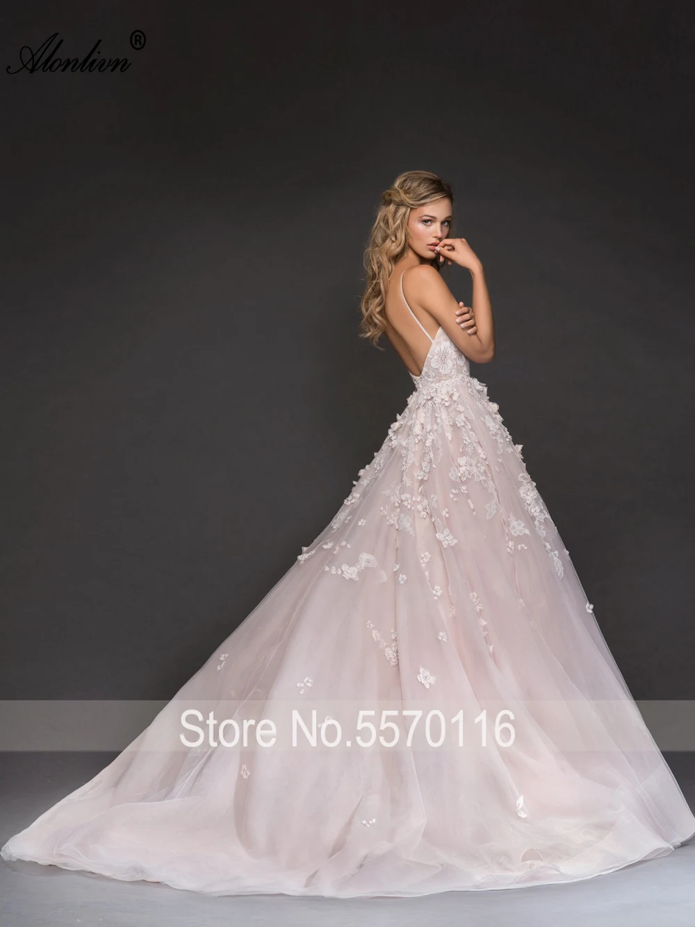 Alonlivn Custom Made Elegant Silky Tulle Spaghetti Straps A-Line Wedding Dresses Beading Appliques Lace Backless Bridal Gowns