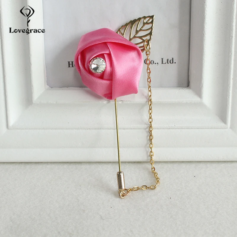 Lovegrace Exquisite Diamond Decor Men Dress Boutonniere Artificial Flowers with Gold Chain Men Boutonniere for Wedding