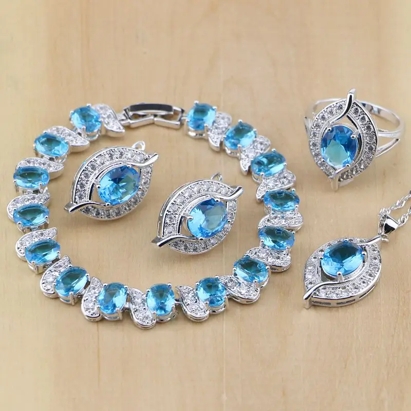 

Eye Sterling Silver Jewelry Blue Cubic Zirconia Jewelry White CZ Jewelry Sets Women Earring/Pendant/Necklace/Rings/Bracelet