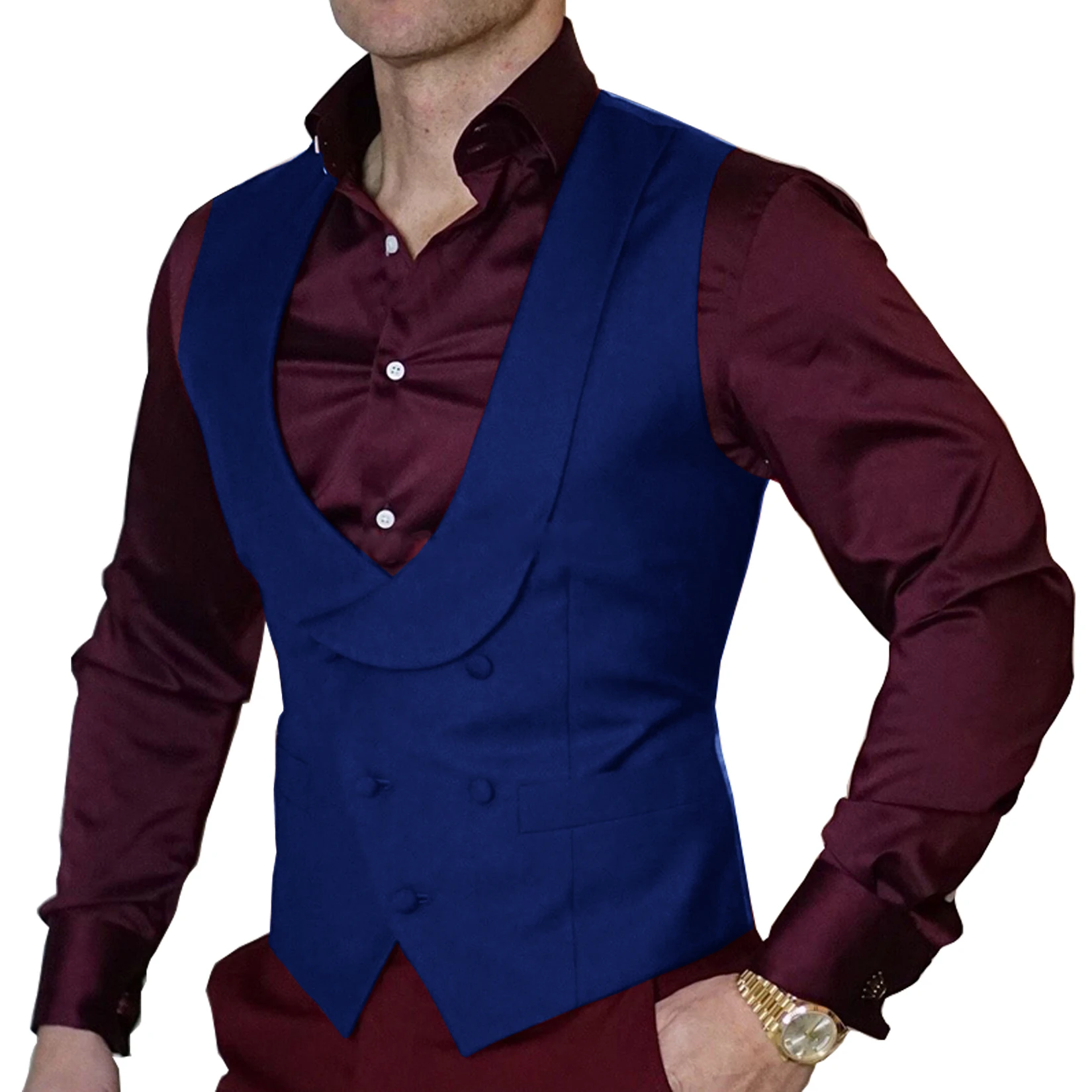 Double-Breasted Burgundy Waistcoat Wedding Men\'s Suit Vest Shawl Lapel Slim Waistcoat Steampunk