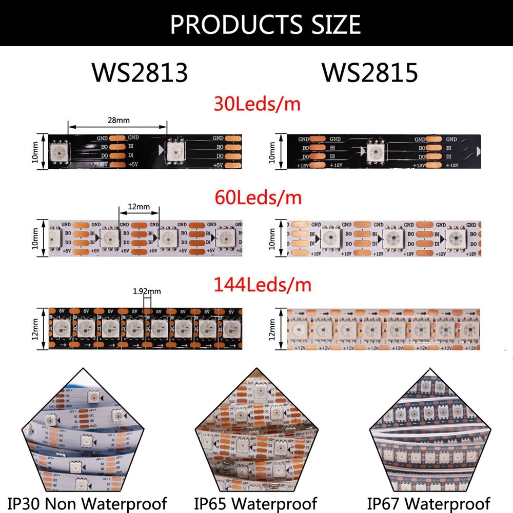 WS2815 (WS2812B WS2813 Updated) RGB LED Pixels Strip Light Individually Addressable LED Dual-Signal 30/60/100/144 Leds/M