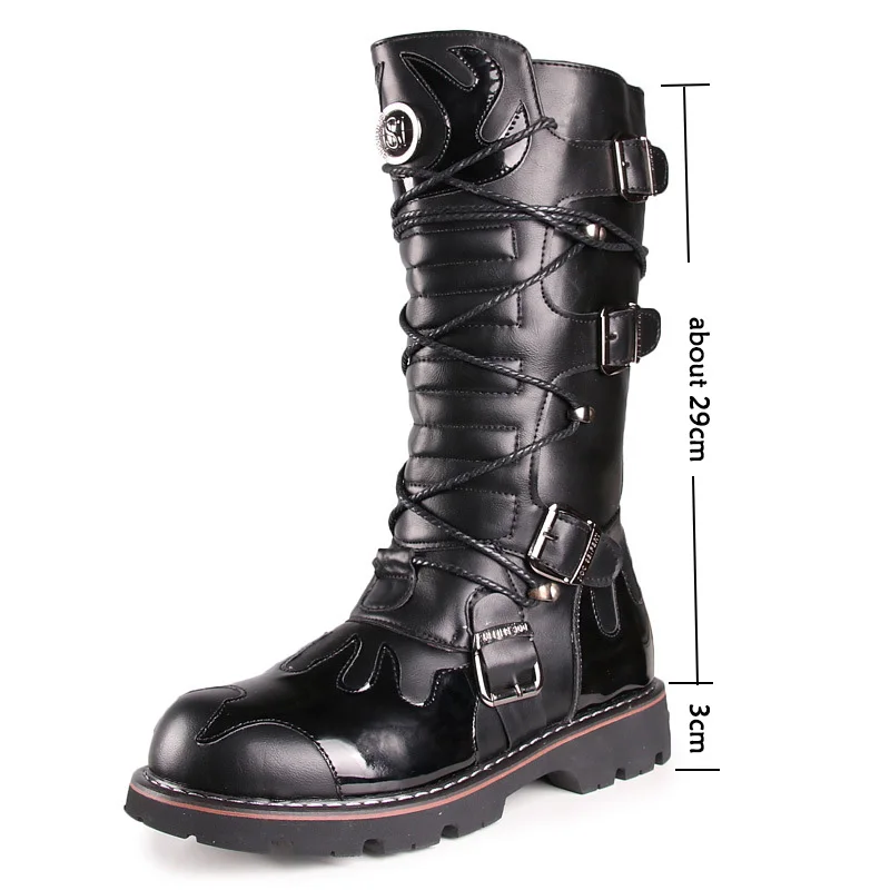 

Men's Knee-High Boots Zapatos De Hombre Men Shoes Combat Boots Black Punk Motorcycle Boots Flame Winter