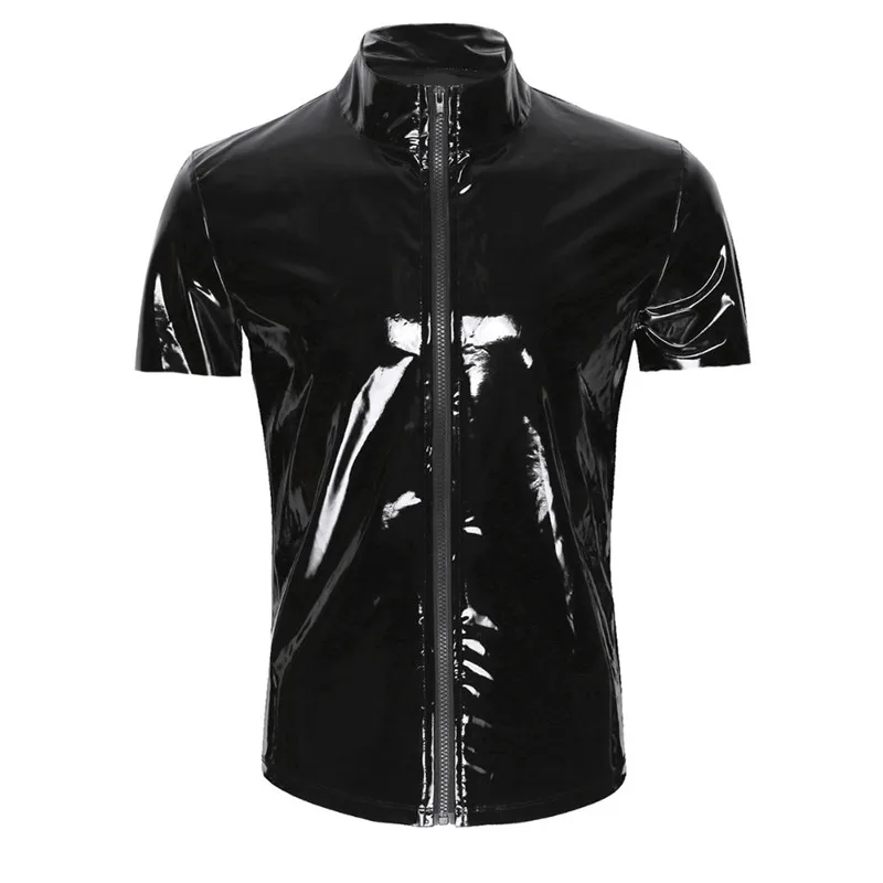 Wetlook-camisetas de cuero de PVC para hombre, Tops negros Punk ajustados, ropa de Fitness de manga corta con cremallera, Tops de escenario, ropa