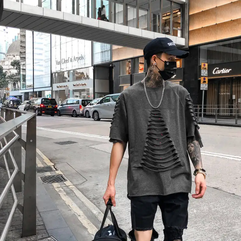 Hip Hop T-shirts Men Harajuku Oversized Tops Tee Japan Tshirt Streetwear Casual High Street T Shirts Black Punk T Shirts Boy