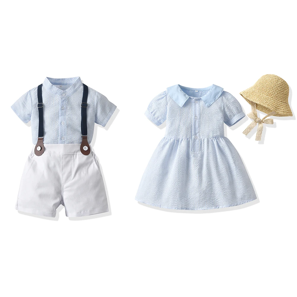 top and top Summer Plaid Brother and Sister Kids Matching Outfits Boys Gentleman Suit+ Girls Princess Sundress With Hat Sets