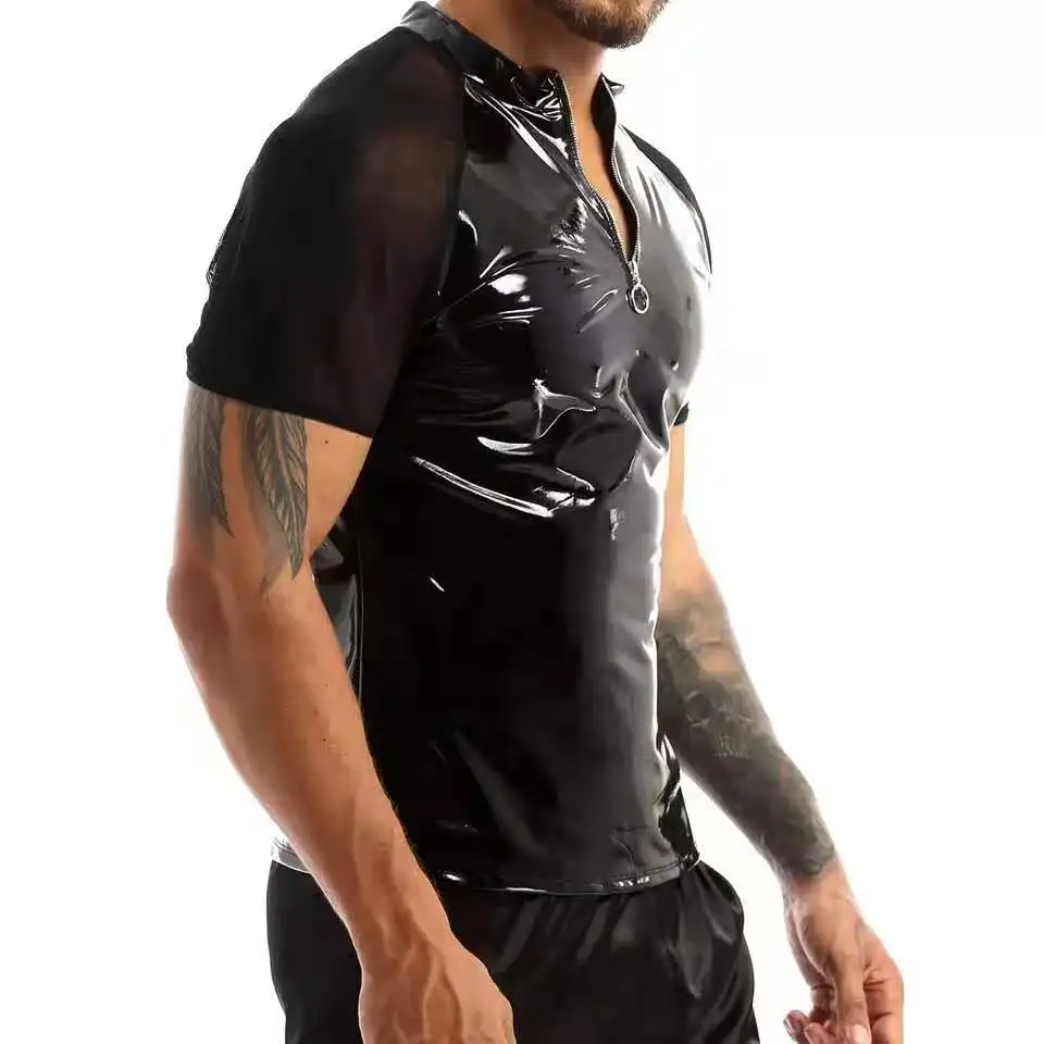 Męska seksowna błyszcząca skóra T-Shirt erotyczna płaszcza Wetlook lateksowy płaszcz męski błyszczący metalik skóra PVC kurtka porno z krótkim
