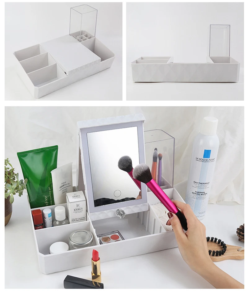 LED Touch Screen Makeup Mirror Cosmetic Storage Box USB Charging Cosmetic Box Desktop Dressing Table LED Lighting Makeup Mirror