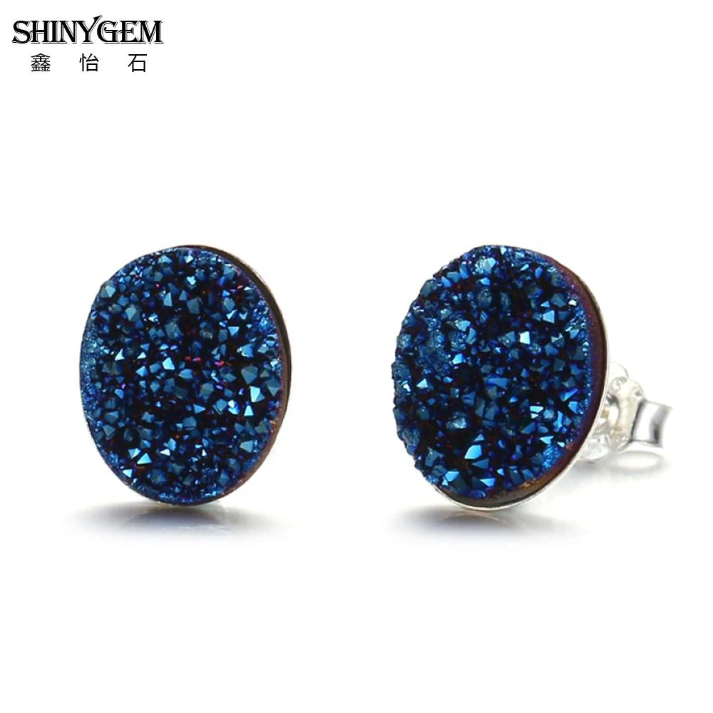 ShinyGem Small Charm 8*10mm Oval Shape Natural Crystal Druzy Stud Earrings 925 Sliver Geode Gem Stone For Women Girl