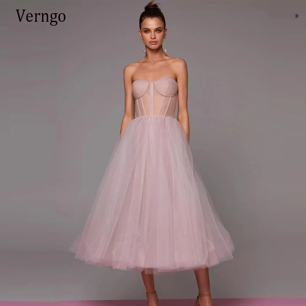 Verngo Dusty Pink/lavanda/blu Navy A Line Tulle abiti da ballo corti 2021 Sweetheart Boning corsetto lunghezza del tè abiti da festa formali