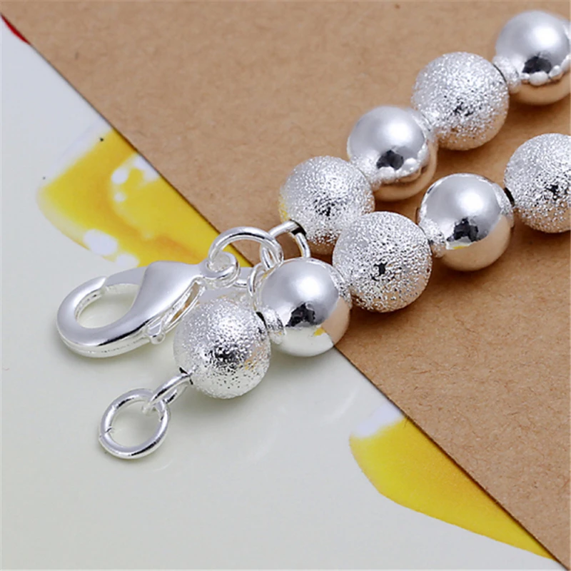DOTEFFIL 925 Sterling Silver Matte Smooth Ball 8mm Bead Chain Bracelet For Women Fashion Charm Wedding Party Jewelry