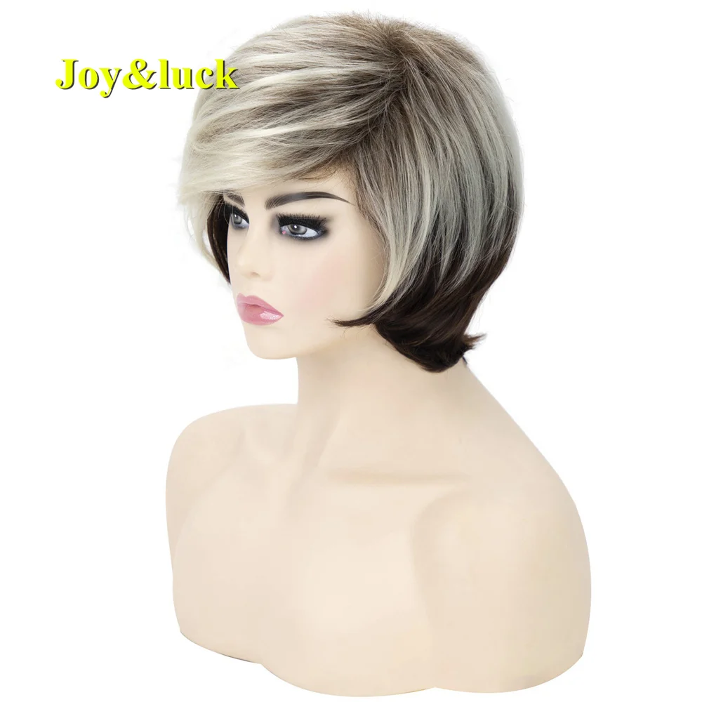 Synthetic Hair Short Blonde Ombre Brown Straight  Wigs With For Women Natural Daily Use Bob Wig