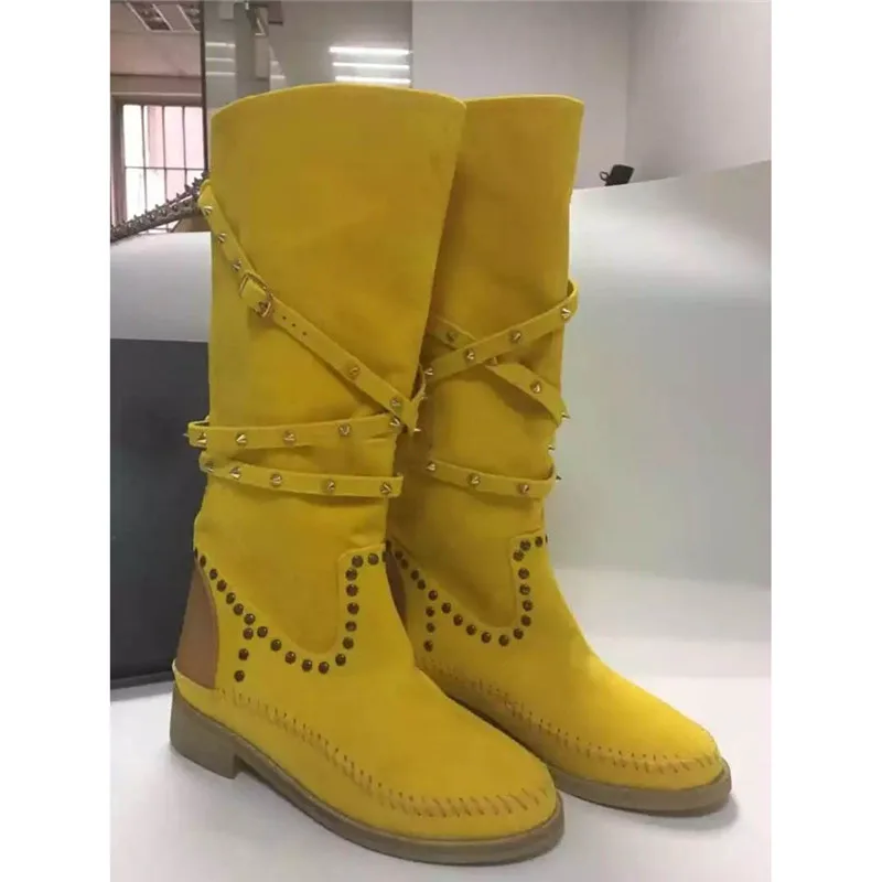 New Yellow Rivets Studded Mid Calf Winter Boots Women Suede Leather Round Toe Flat Heels Gladiator Shoes Punk Cowboy Boots Woman