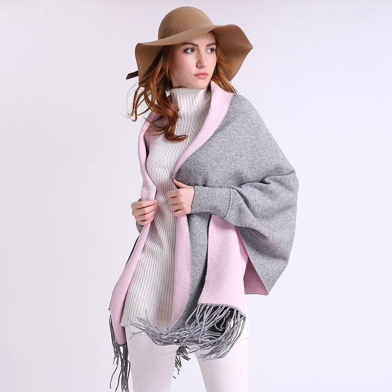 Women\'s Double Sided Color Tassel Knitted Shawl Wrap Plus Size Cardigan Poncho Cape Open Front Long Winter Sweater Coat Mujer